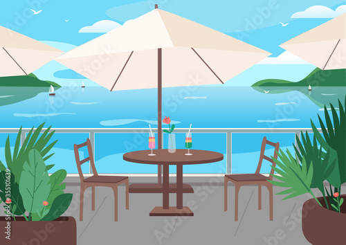 Street restaurant at seaside resort flat color vector illustration