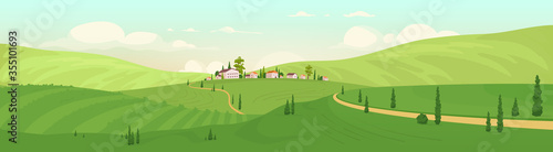 Old hilltop village flat color vector illustration
