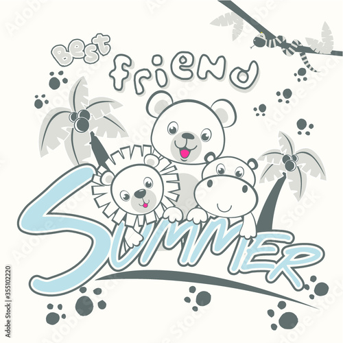 in summer with funny friends vector cartoon illustration