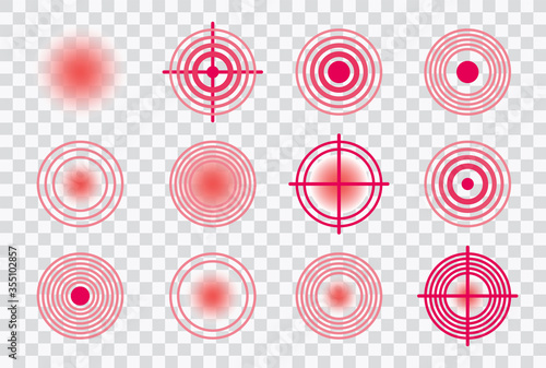 Pain red circle or localization mark, aching place sign, abstract symbol of pain, sore spot or hurt body part marker, design element for painkiller advertisement and medical information posters eps 10