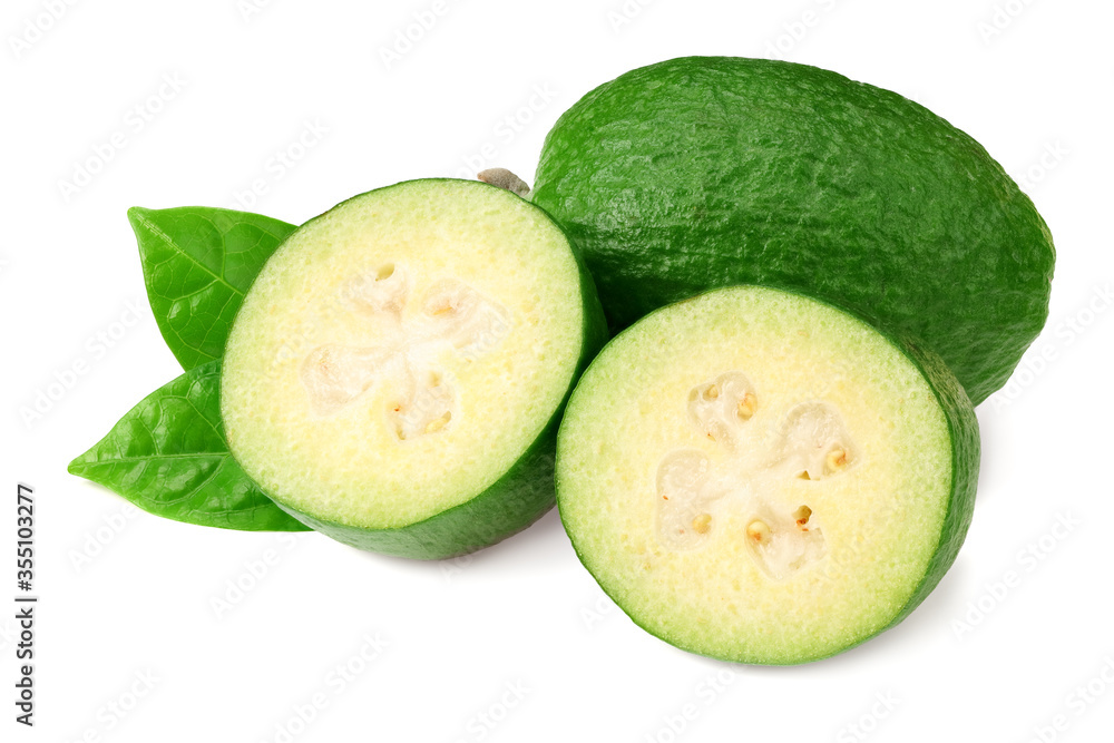 Tropical fruit feijoa with slices isolated on white background. Acca sellowiana Tropical fruit feijoa with slices isolated on white background. Acca sellowiana