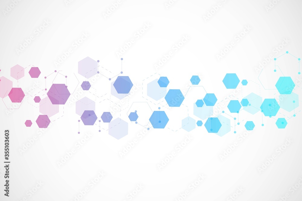 Modern futuristic background of the scientific hexagonal pattern. Virtual abstract background with particle, molecule structure for medical, technology, chemistry, science. Social network vector Modern futuristic background of the scientific hexagonal pattern. Virtual abstract background with particle, molecule structure for medical, technology, chemistry, science. Social network vector