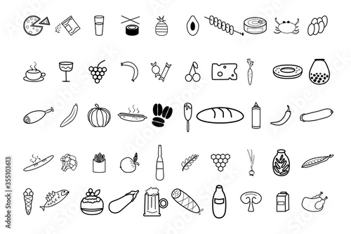 Food and cooking icon line set. Minimalist outline vector symbols for mobile, applications and packing design. Collection of stroke food and drinks sign isolated on white background.Stock illustration