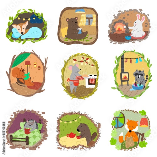Cute animals doing casual things in their burrows underground vector illustration