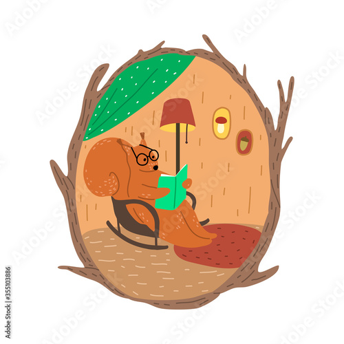 Brown squirrel in glasses sitting in armchair and reading book in cosy hollow