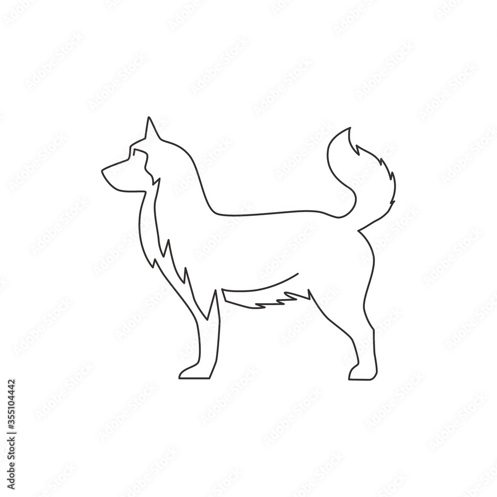 Fototapeta premium Single continuous line drawing of simple cute siberian husky puppy dog icon. Pet animal logo emblem vector concept. Trendy one line draw graphic design illustration