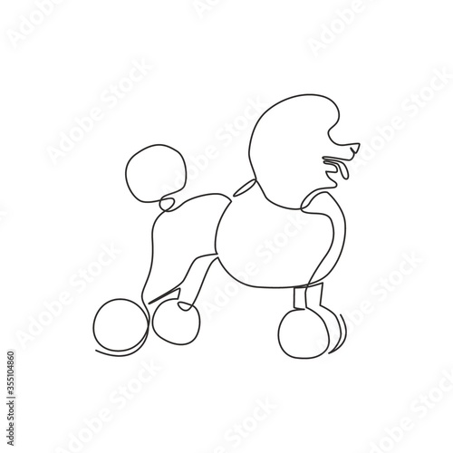 One single line drawing of simple cute poodle puppy dog icon. Pet shop logo emblem vector concept. Modern continuous line draw design graphic illustration