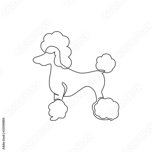 One single line drawing of simple cute poodle puppy dog icon. Pet shop logo emblem vector concept. Trendy continuous line graphic draw design illustration