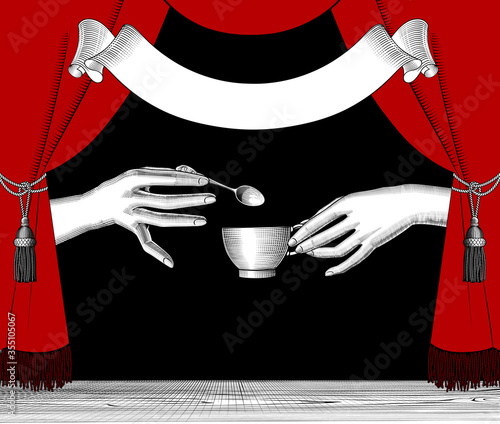 Hands with a cup of coffee, red curtain and banner