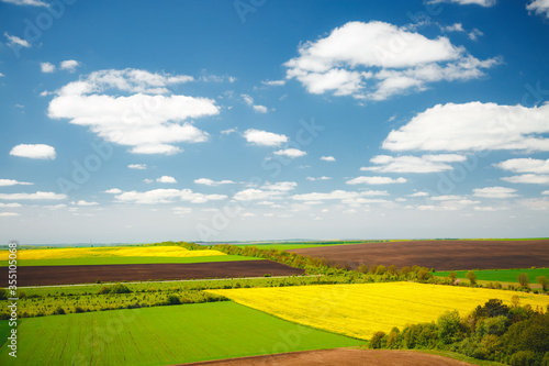 Picturesque rural area on the springtime and fluffy white clouds on a sunny day.