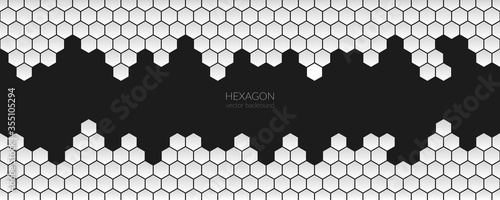 Vector abstract, geometric background, metallic white hexagonal shapes on a dark background. For banner, print design, social networks, place for text. Copyspace.