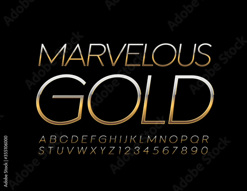 Vector Marvelous Golden Font. Chic Slim Alphabet Letters and Numbers 