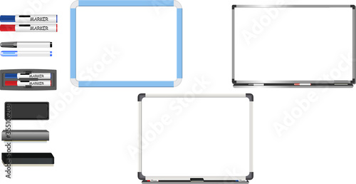 White Board vector with duster and marker isolated on white background.
