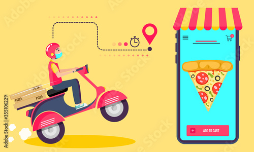 Fast pizza delivery with a man on scooter. Vector Illustartion