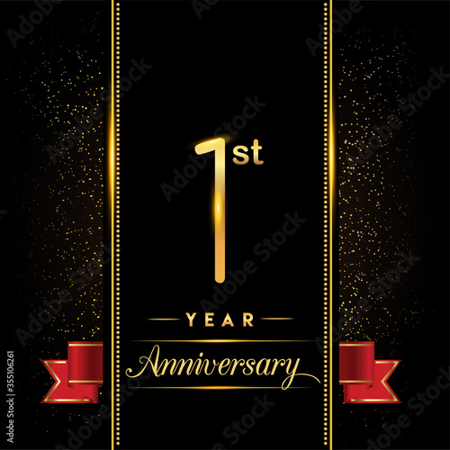 1st anniversary logo with confetti golden colored and red ribbon isolated on black background, vector design for greeting card and invitation card.