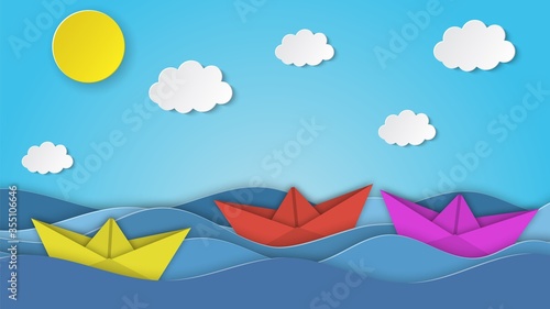 Sailboat in the sea. Sun  clouds. Paper cut illustration for advertising  travel  tourism  cruises  travel agency Vector illustration