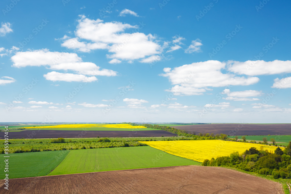 Picturesque rural area on the springtime and fluffy white clouds on a sunny day.