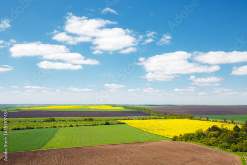 Picturesque rural area on the springtime and fluffy white clouds on a sunny day.