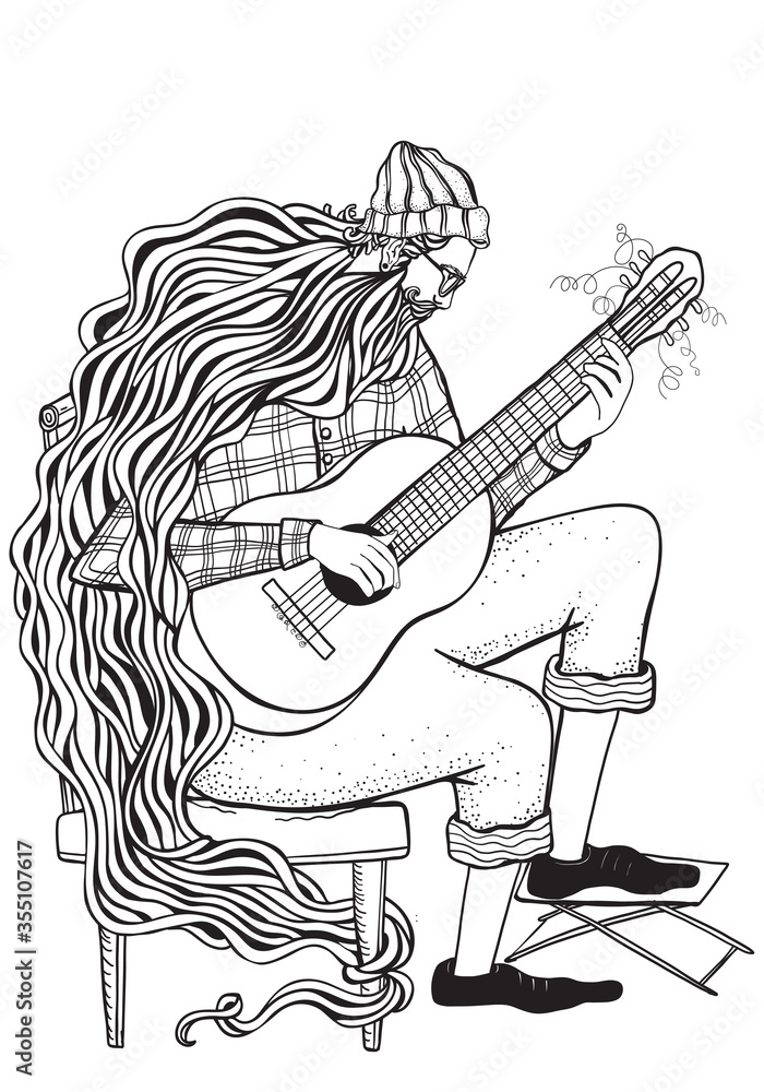 Guitar player. Man with a classical guitar. Music coloring book page ...