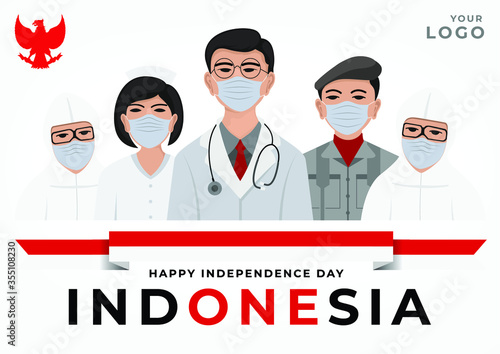 Indonesian Independence day banner background with the illustration character of the health officer.