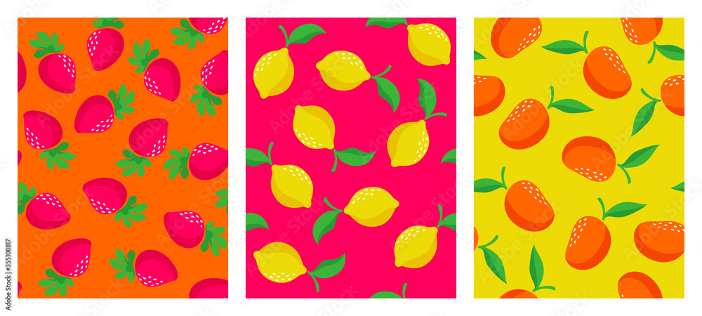 Vector set of seamless patterns with ripe strawberry, lemon and mango. Vivid color prints for fabric or wallpaper with fresh and juicy fruits and berries