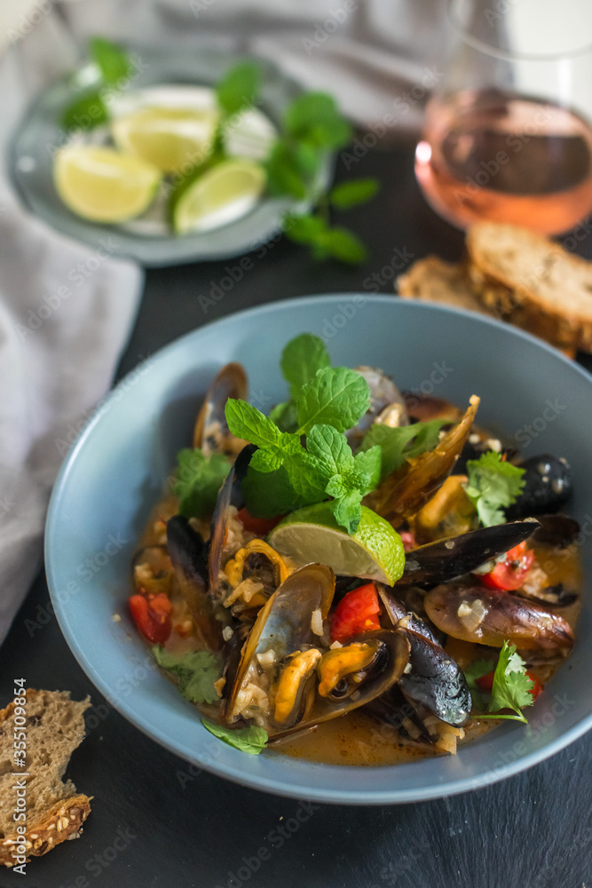 Cooked Mussels with rice and sauce Cooked Mussels with rice and sauce