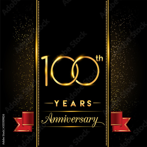 100th anniversary logo with confetti golden colored and red ribbon isolated on black background, vector design for greeting card and invitation card.