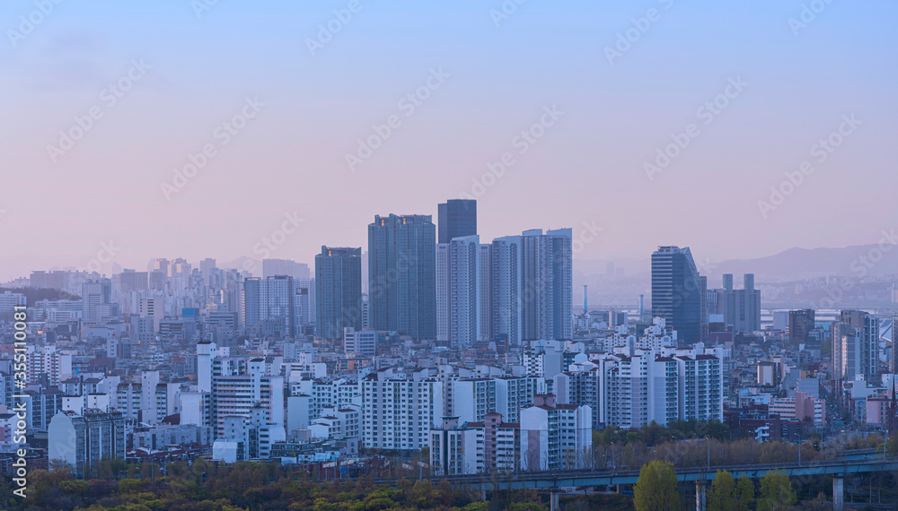 Sunrise and traffic of Seoul . Aerial viewpoint from Haneul park inSeoul,South Korea