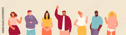 Group of modern young people in casual clothes. Vector characters set