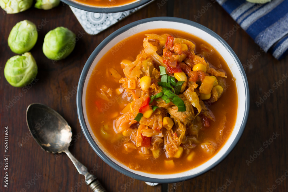 Soup with cabbage, brussel sprouts, sweet corn, pepper and tomatoes. Lecho. Soup with cabbage, brussel sprouts, sweet corn, pepper and tomatoes. Lecho.