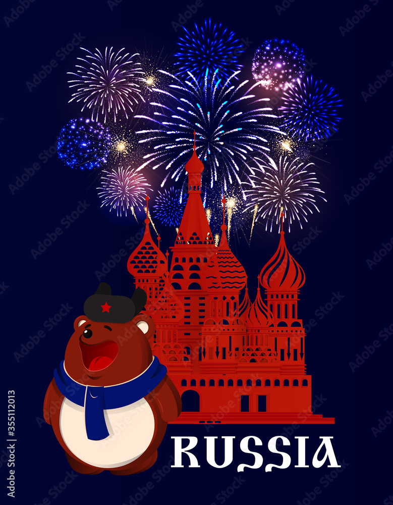 Russia. Brown bear in hat and scarf at Red Square in Moscow. Fireworks behind the St. Basil's Cathedral silhouette. Blue background