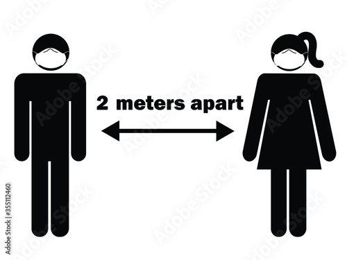 2 meters Apart Man Woman Stick Figure with facial mask. Pictogram Illustration Depicting Social Distancing during Pandemic Covid19 with PPE Face Covering. Vector File