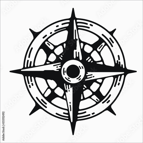 compass vector illustration in engraving style. steampunk antique compass clip art. voyage, expedition, direction showing navigation device. north, east, south, west.