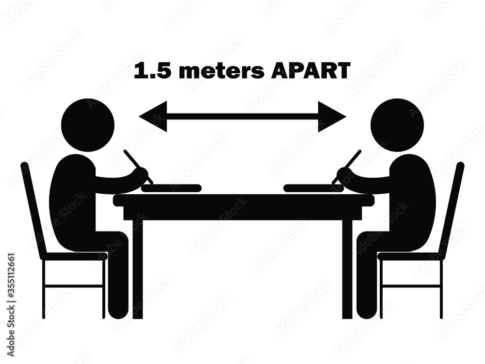 Two Students Studying Writing Desk 1.5m Meters. Apart. Illustration depicting social distancing during covid-19 pandemic. Black and White Vector Two Students Studying Writing Desk 1.5m Meters. Apart. Illustration depicting social distancing during covid-19 pandemic. Black and White Vector
