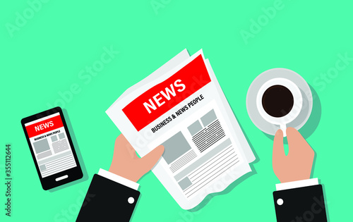 bussiness news papers ,new normal,people reading news paper ,coffee break whit new phone,illutration design.