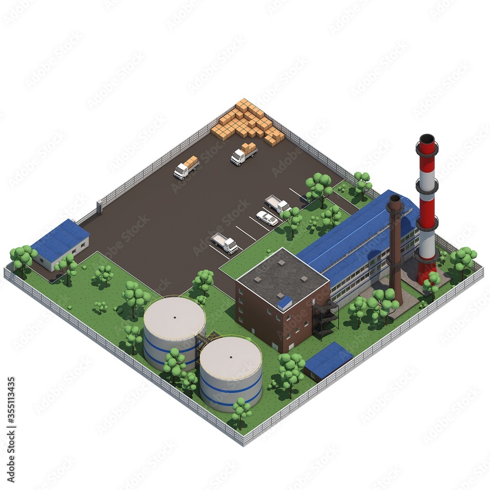 3d isometric illustration of the factory area. 3d isometric illustration of the factory area.