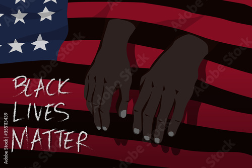 black lives matter concept. hands of black people sifted out of the hole of black spaces of the America flag to convey the restriction of human rights of black people. campaign, poster, banner