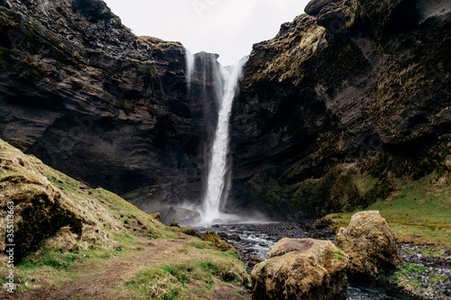 Kvernufoss waterfall in southern Iceland  on a golden ring.