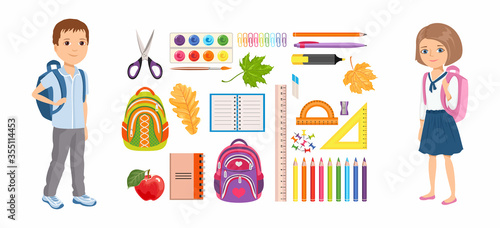 School big set. Boy and girl with backpacks and different school supplies isolated on white. Vector flat cartoon illustration.