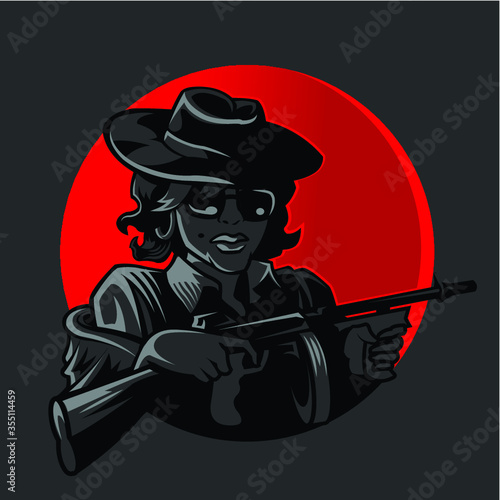 Female Italian Mafia Gangster Carrying Machine Gun Logo