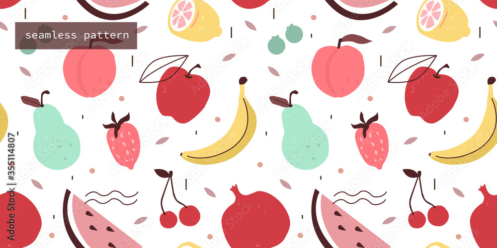 Fruits and Berries Hand Drawn Seamless Pattern. Apple, Peach, Mango, Watermelon and other Tropical Fruits. Pattern Design in Scandinavian Minimal Style. Flat Cartoon Vector  Illustration.