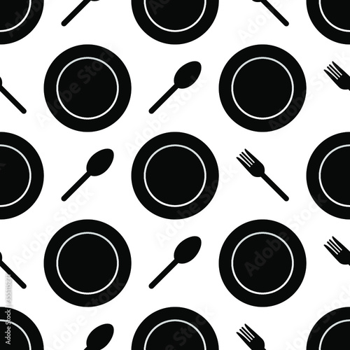 black plate with spoon and fork seamless pattern