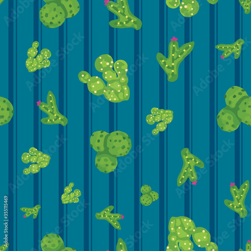 Cactus seamless pattern on blue background with vertical stripes