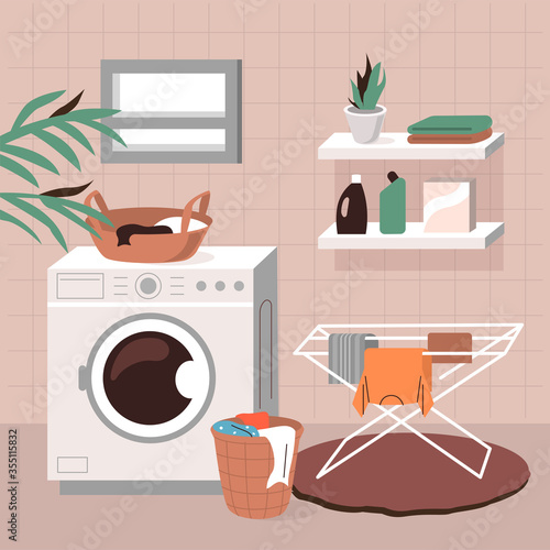 Laundry Room Interior. Household scene with Washing Machine and other Laundry Stuff. Dirty Cloth Lying in Basket. Wet Clothes Hanging and Drying on Drying Rack. Flat Cartoon Vector  Illustration. © Irina Strelnikova
