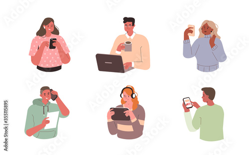 Young People use Smartphones, Laptops and Tablets. Characters with Different Devices. Boys and Girls Talking and Typing on Phone. Female and Male Characters Set. Flat Cartoon Vector Illustration.