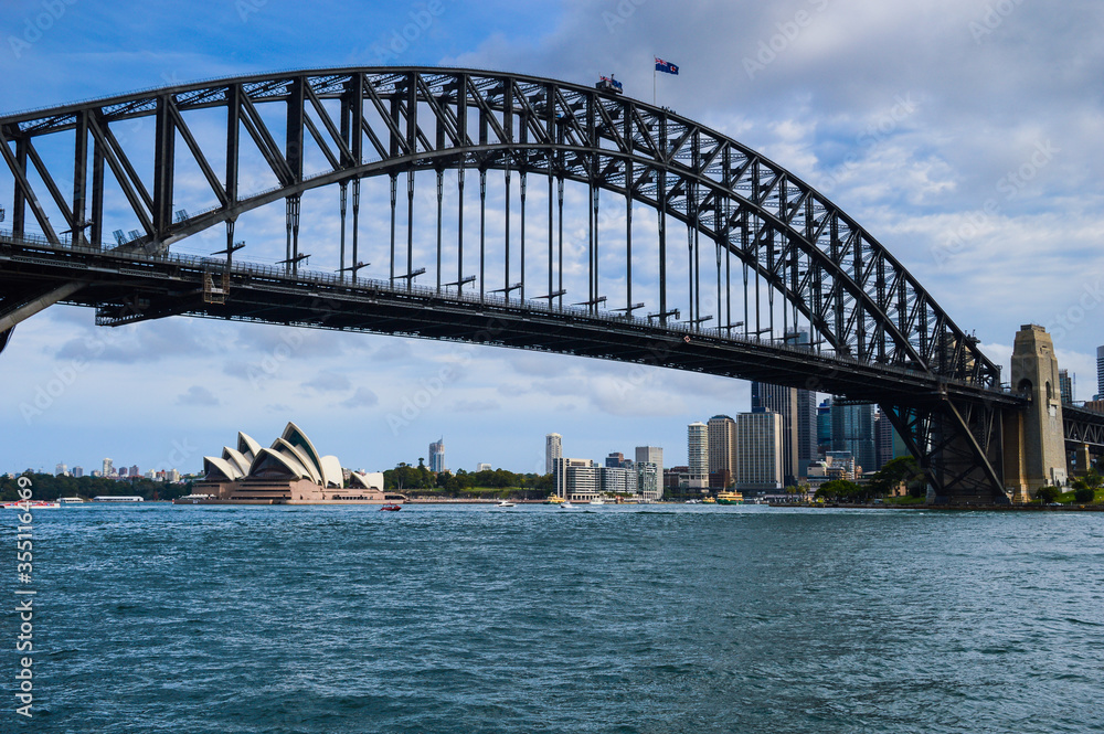 view of the Sydney opera house, the harbour bridge and harbour. Sydney, Australia, 07.12.2015