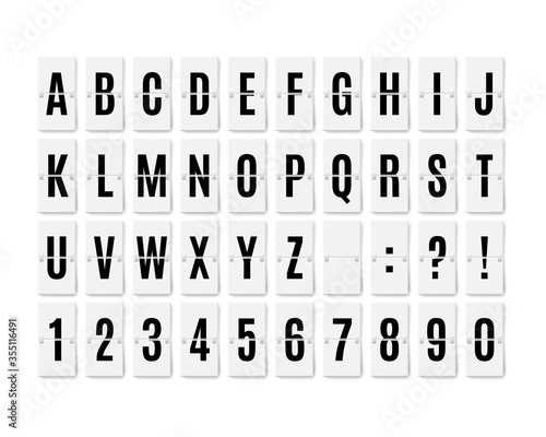 Airport flip board panel. Typography font display. Vector realistic terminal mechanical analog board.