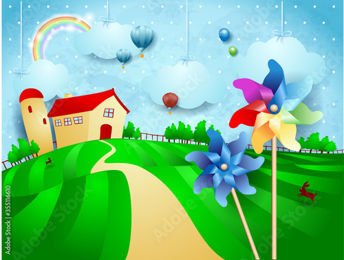 Fantasy landscape with farm, pinwheels and hanging clouds