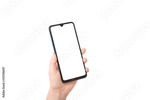 Woman's Hand Holding mobile cell phone With Blank Screen, mockup phone