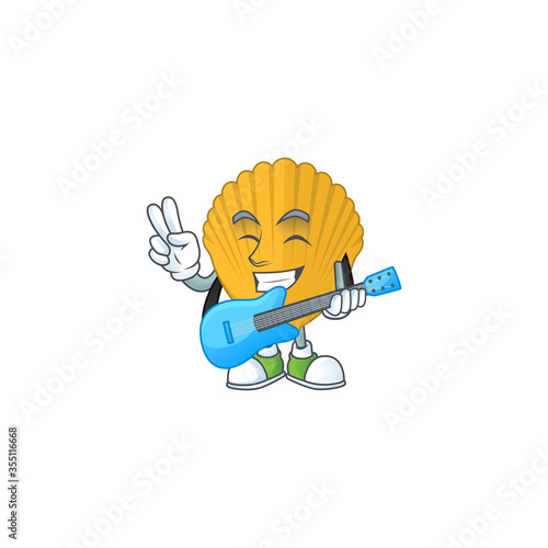 Yellow clamp cartoon character style plays music with a guitar